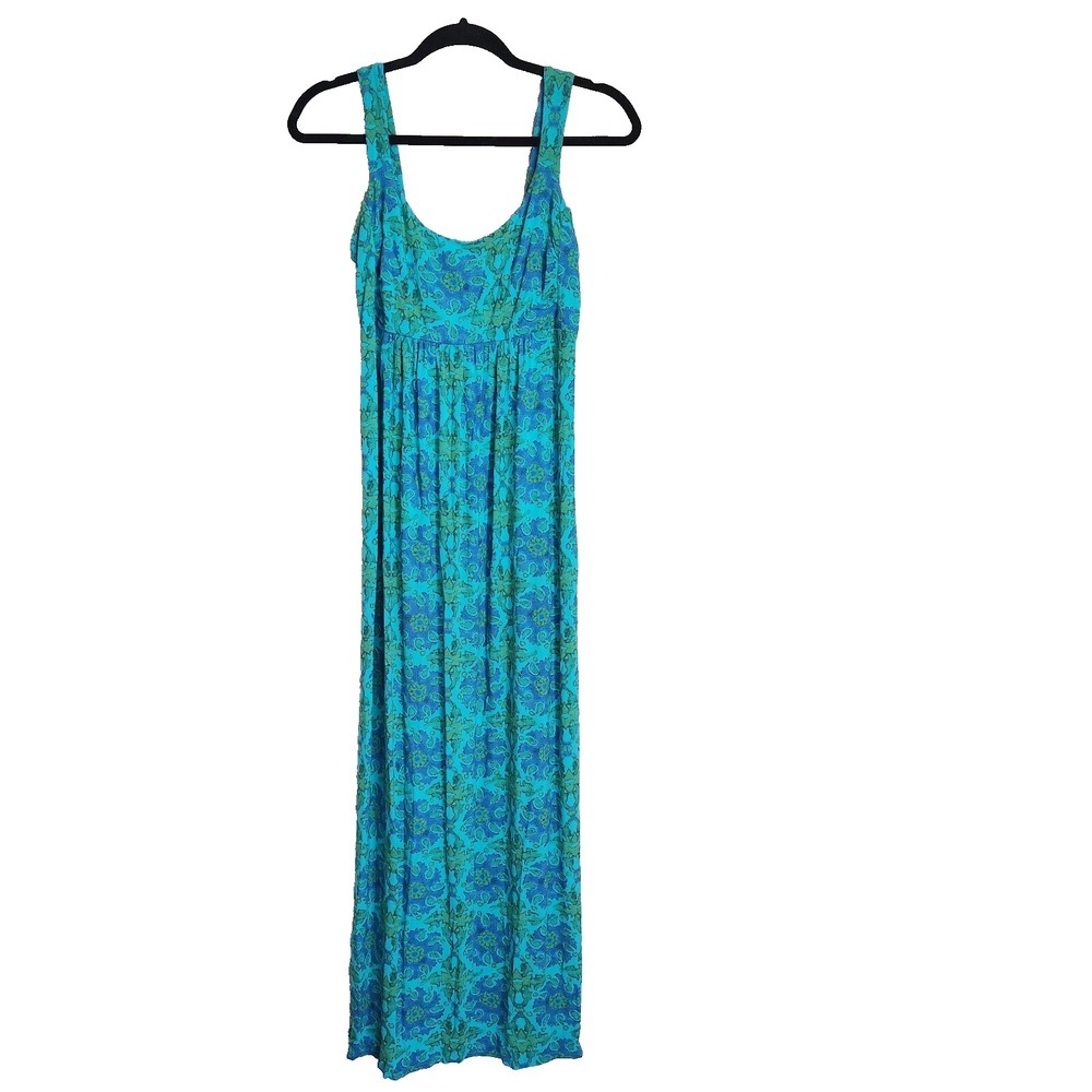 Fresh Produce Empire Waist Maxi Dress Small‎ Geometric Teal USA Made Rayon